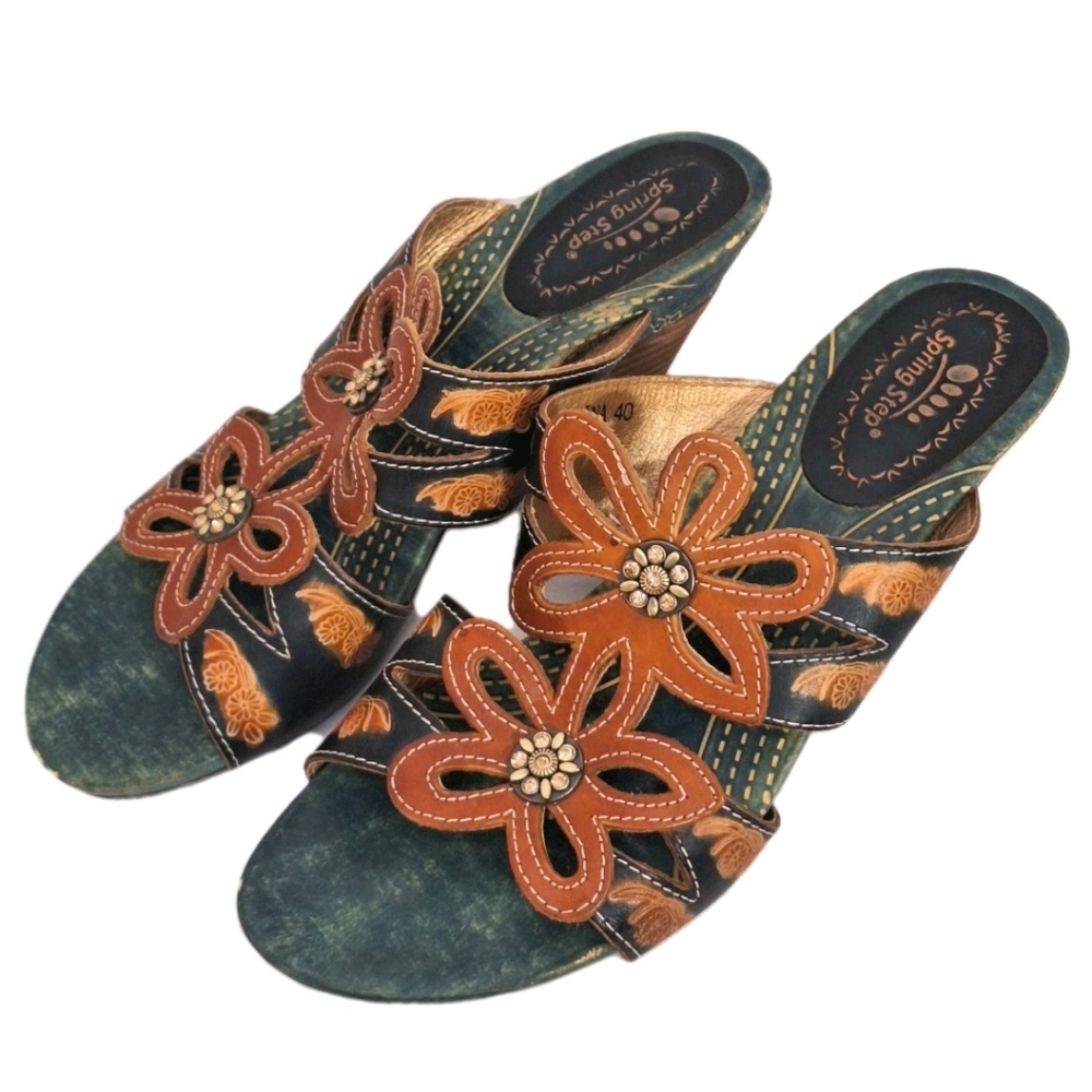 Spring Step Carlina Women's Green Floral Sandal Leather Size EU 40 / US 9 9.5